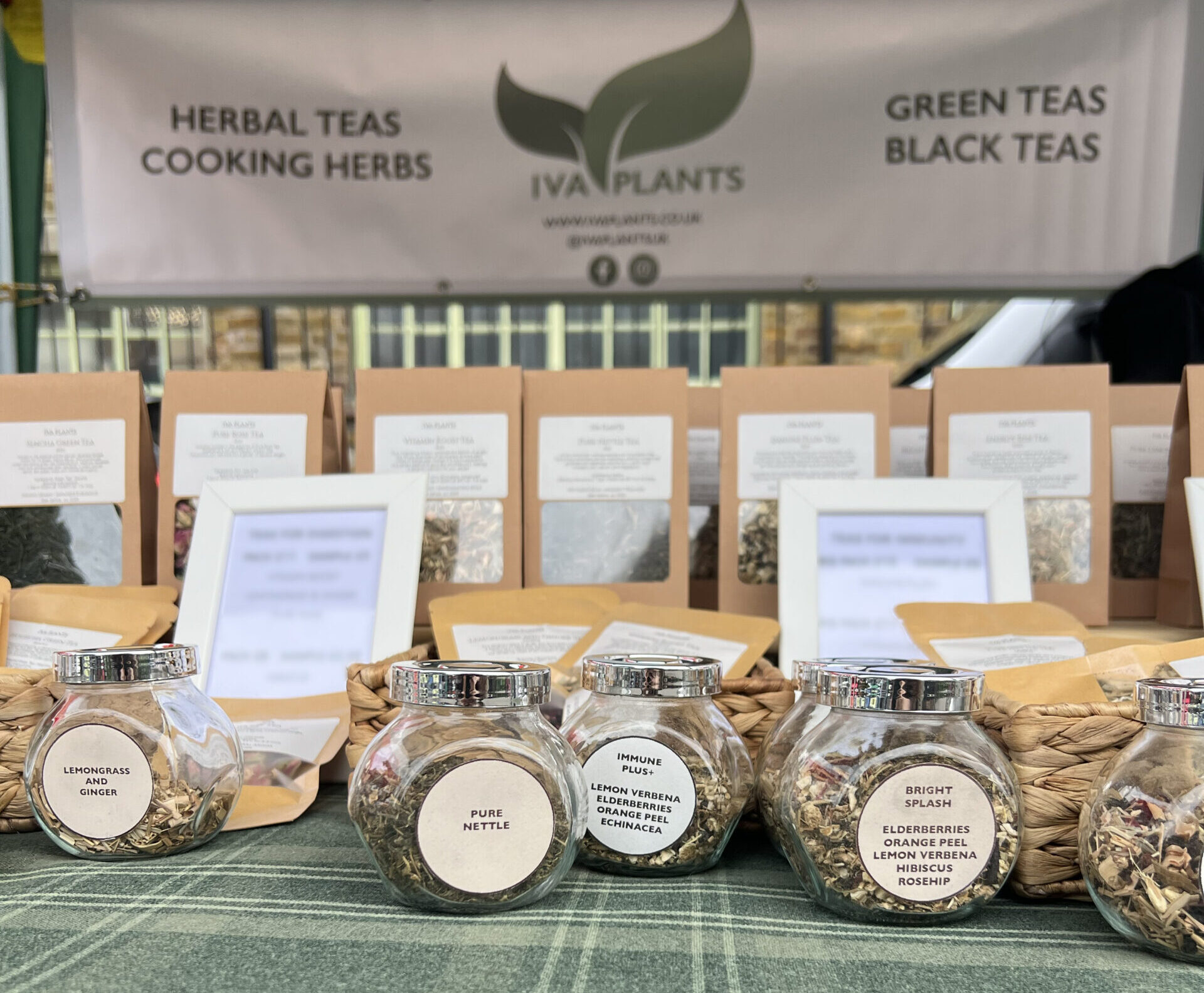 IVA Plants stall at Chiswick Food Market, offering herbal, Japanese green, and black Ceylon teas