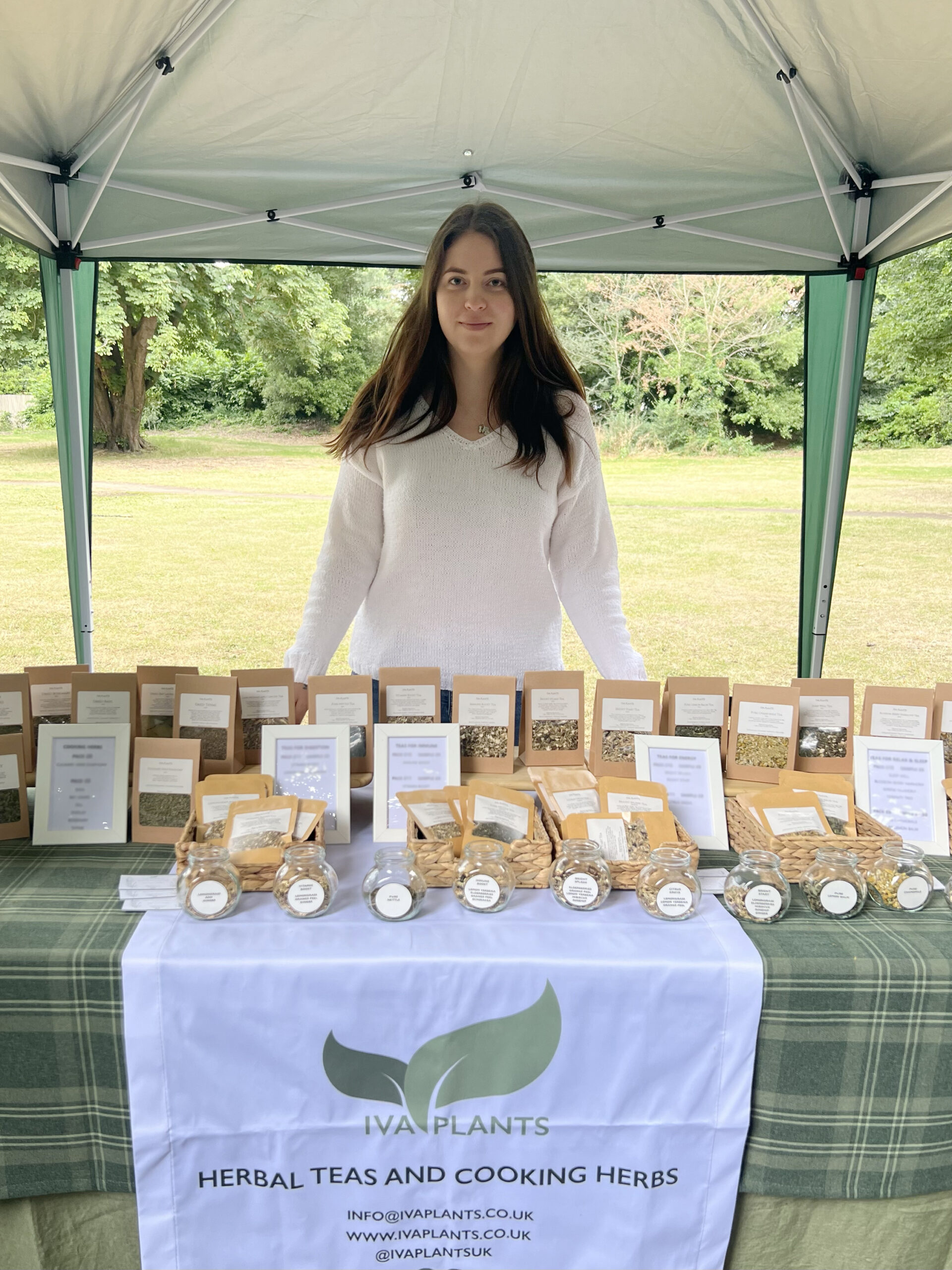 IVA Plants stall at Duck Pond Market, Chiswick House & Park, offering herbal, Japanese green, and black Ceylon teas