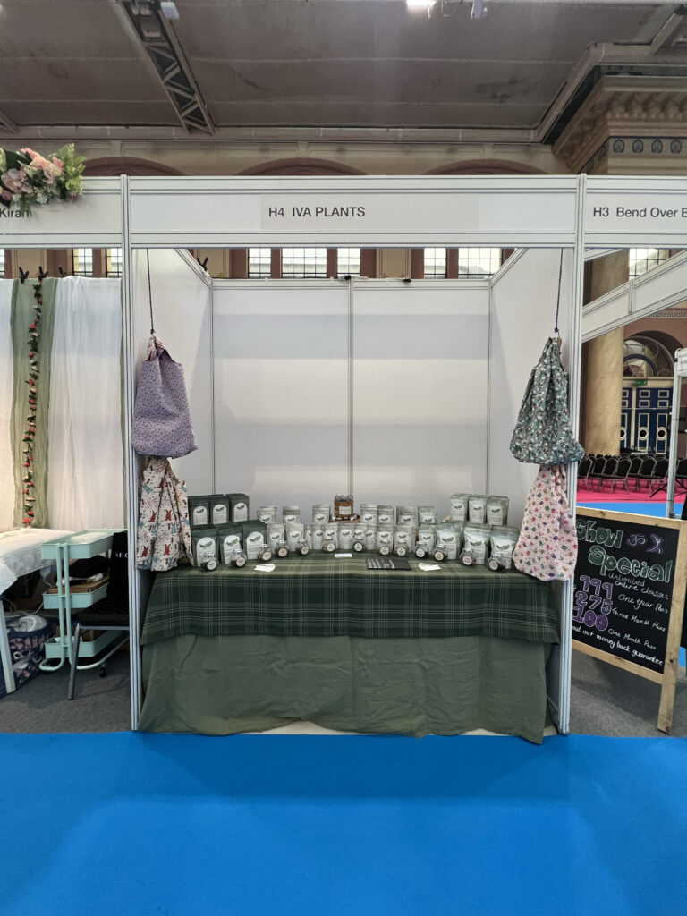 IVA Plants stand at OM Yoga Show 2024, Alexandra Palace London, featuring herbal, black Ceylon, and Japanese green teas, Stand H4